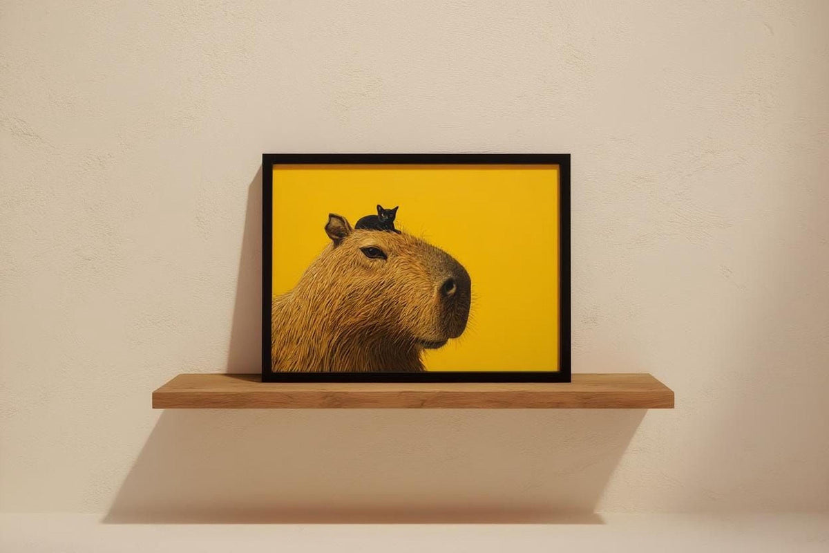A framed painting of a capybara, a large rodent-like animal, is displayed on a wooden shelf against a white wall.