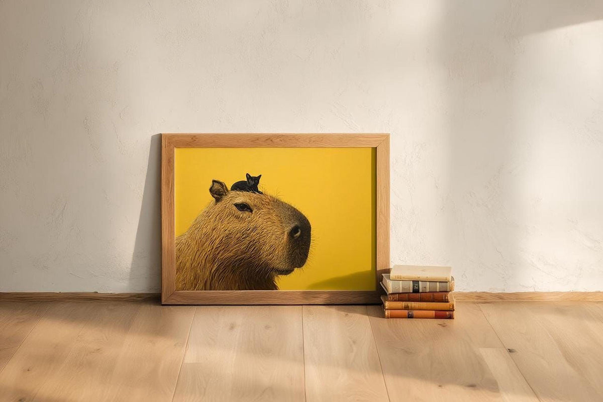 A framed painting of a capybara, a large rodent-like creature, is displayed on a wooden floor next to a stack of books.