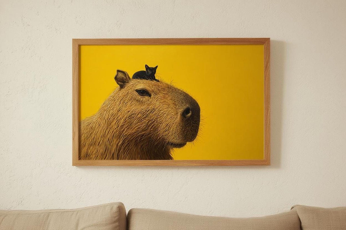 A framed painting of a capybara, a large rodent-like creature, with a small black cat perched on its head, is displayed on a wall above a beige couch.
