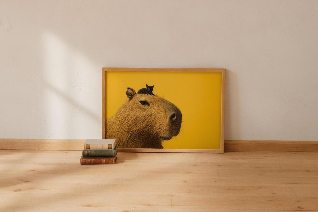 A framed illustration of a capybara with a small black cat perched on its head, set against a yellow background, is displayed on a wooden floor next to a stack of books.
