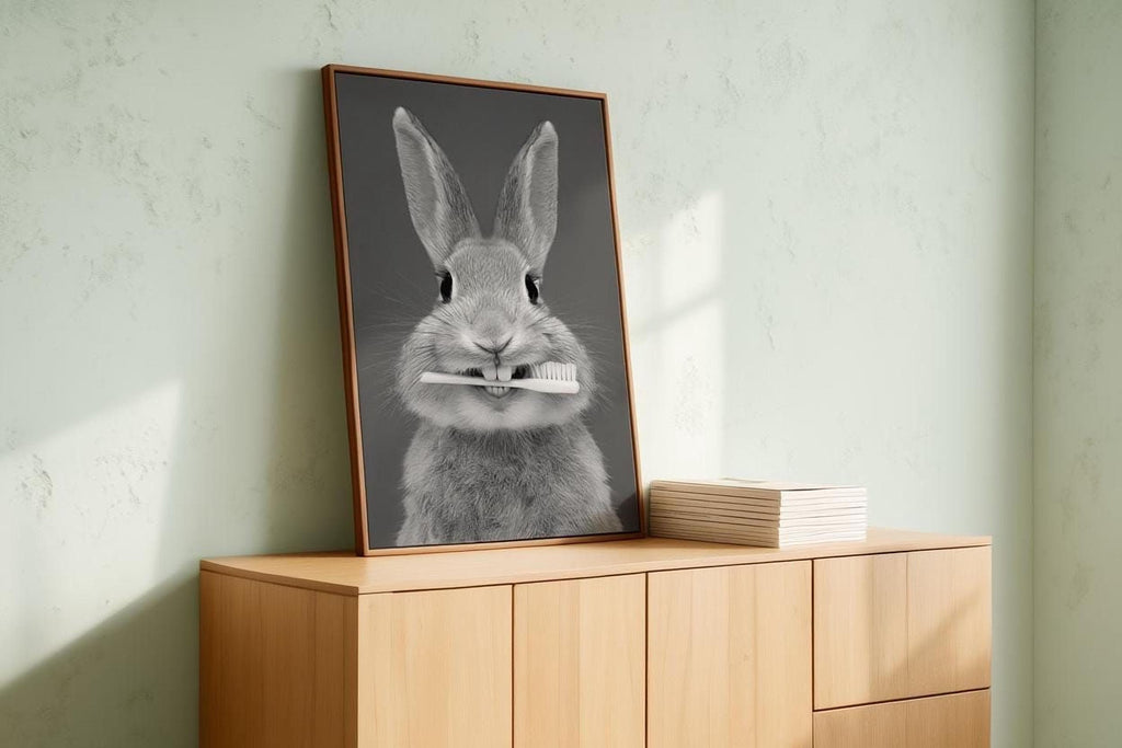 A framed black and white photograph of a rabbit holding a toothbrush in its mouth, placed on a wooden cabinet or dresser.