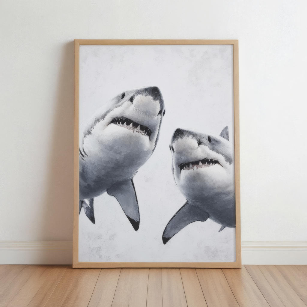 Great White Shark Painting, Whimsical Coastal Wildlife Wall Art, Modern Ocean Life Decor, Sea Creature Print, Shark Predator Canvas