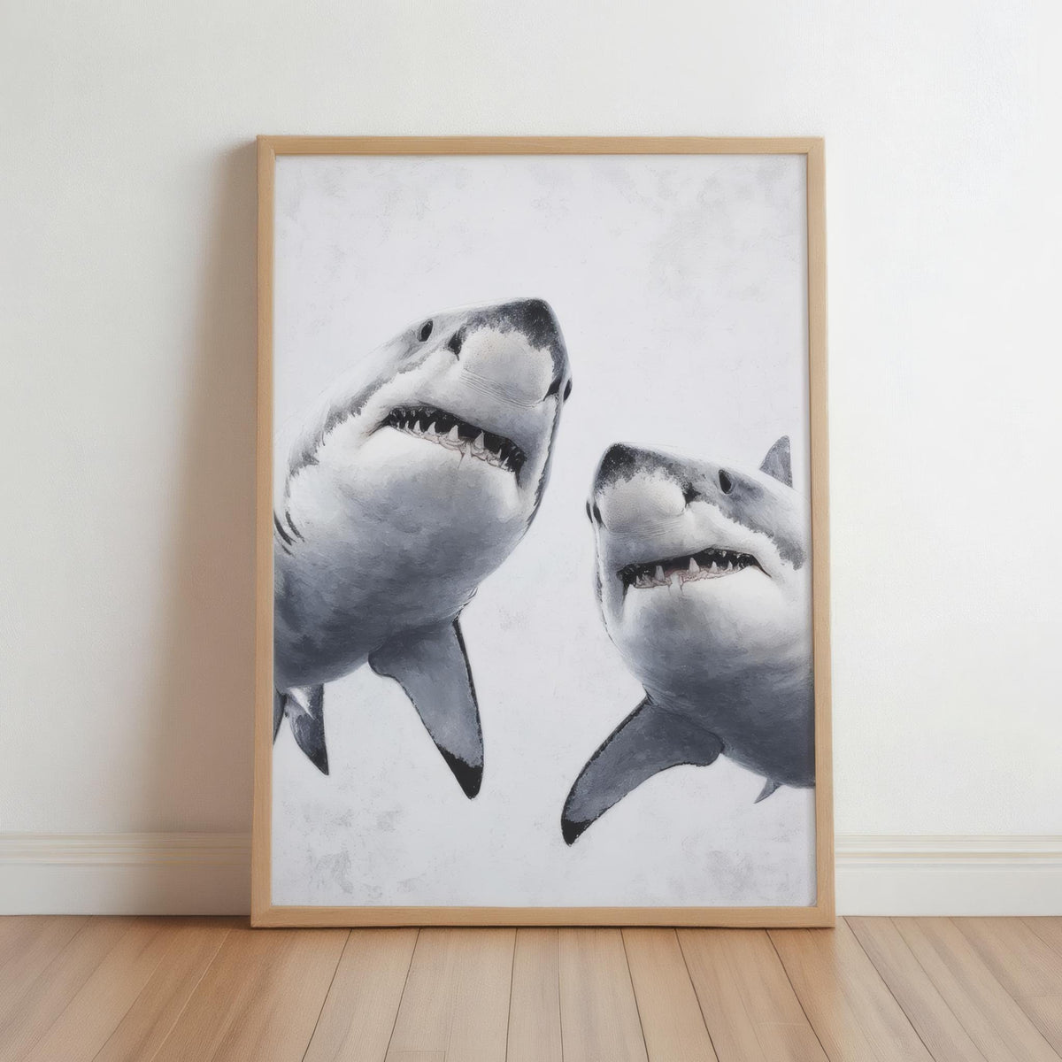 Great White Shark Painting, Whimsical Coastal Wildlife Wall Art, Modern Ocean Life Decor, Sea Creature Print, Shark Predator Canvas