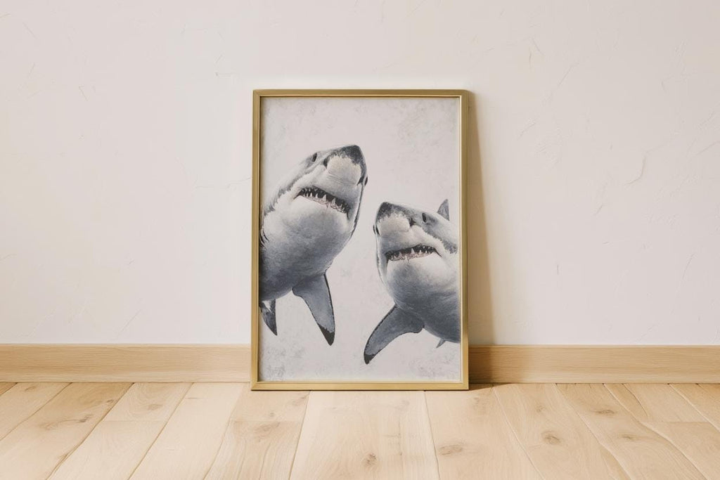 Great White Shark Painting, Whimsical Coastal Wildlife Wall Art, Modern Ocean Life Decor, Sea Creature Print, Shark Predator Canvas