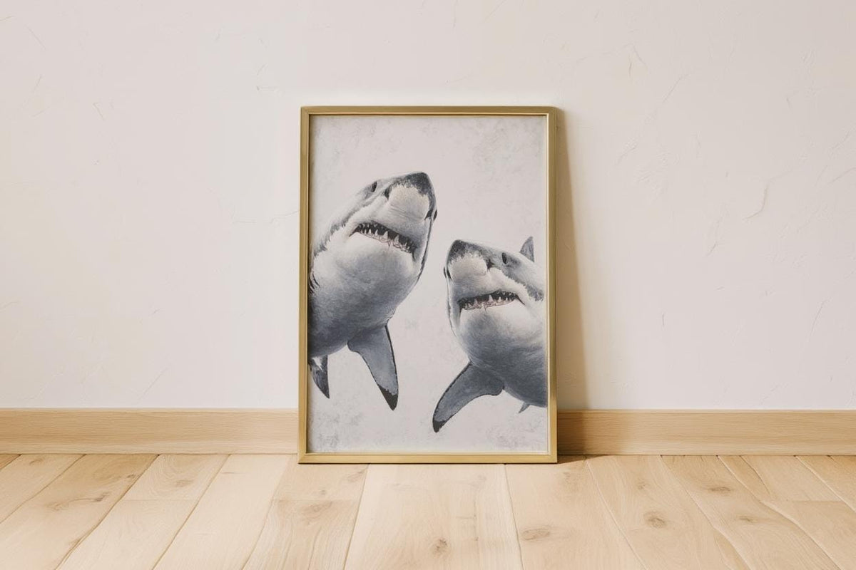 Great White Shark Painting, Whimsical Coastal Wildlife Wall Art, Modern Ocean Life Decor, Sea Creature Print, Shark Predator Canvas