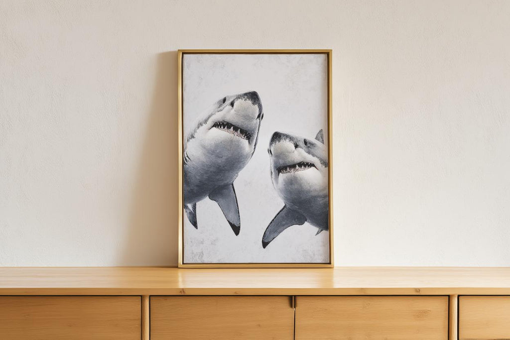 Great White Shark Painting, Whimsical Coastal Wildlife Wall Art, Modern Ocean Life Decor, Sea Creature Print, Shark Predator Canvas