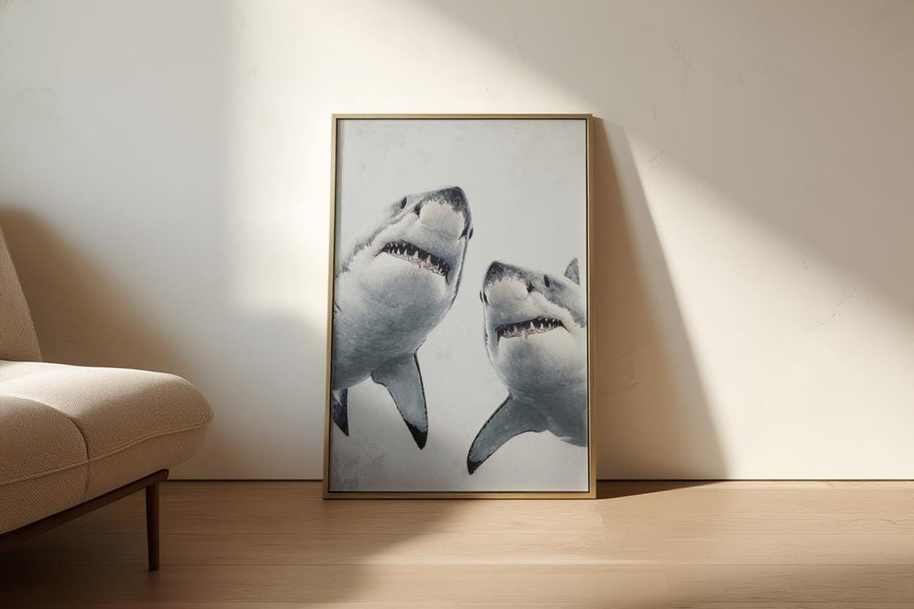 Great White Shark Painting, Whimsical Coastal Wildlife Wall Art, Modern Ocean Life Decor, Sea Creature Print, Shark Predator Canvas