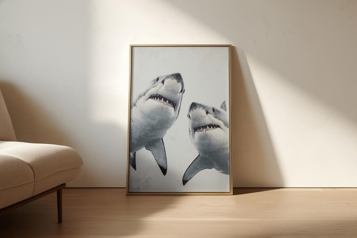 Great White Shark Painting, Whimsical Coastal Wildlife Wall Art, Modern Ocean Life Decor, Sea Creature Print, Shark Predator Canvas