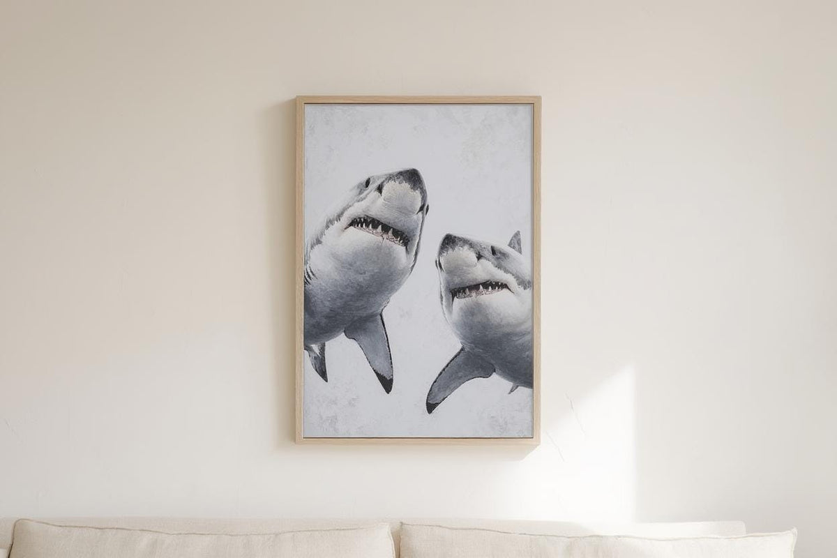 Great White Shark Painting, Whimsical Coastal Wildlife Wall Art, Modern Ocean Life Decor, Sea Creature Print, Shark Predator Canvas