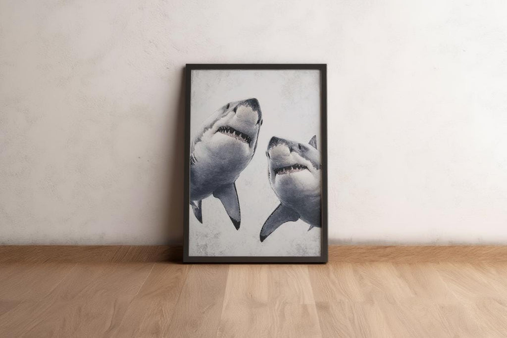 Great White Shark Painting, Whimsical Coastal Wildlife Wall Art, Modern Ocean Life Decor, Sea Creature Print, Shark Predator Canvas
