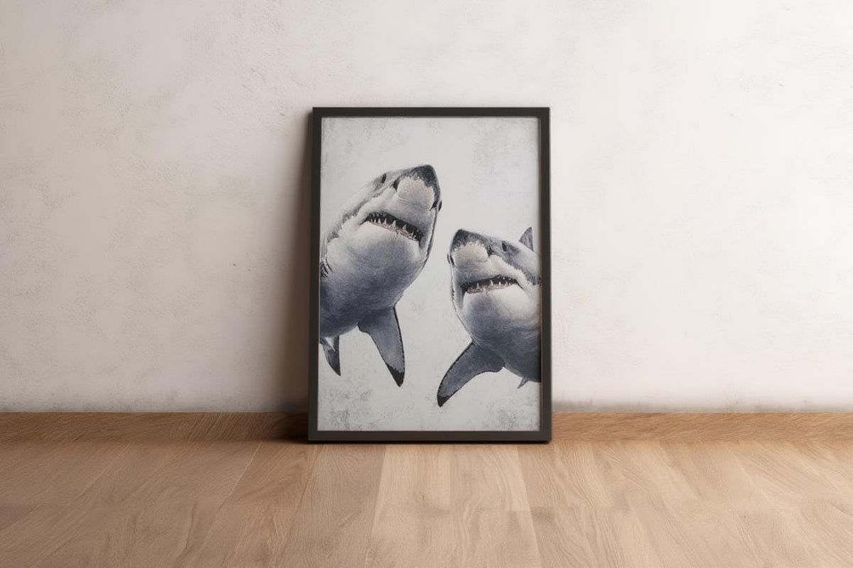 Great White Shark Painting, Whimsical Coastal Wildlife Wall Art, Modern Ocean Life Decor, Sea Creature Print, Shark Predator Canvas