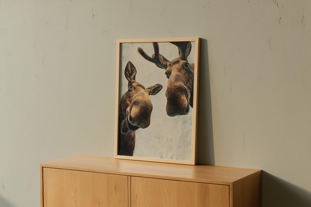 Moose print on a small wooden dresser against beige wall, woodland animal wall art feel, funny moose wall art printable