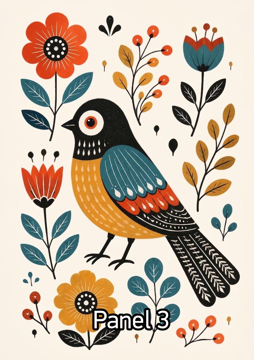 Scandinavian Folk Art Bird Prints, Whimsical Nursery Wall Art Set, Playful Hygge Pattern Poster, Nordic Floral Printable, Rosemaling Decor