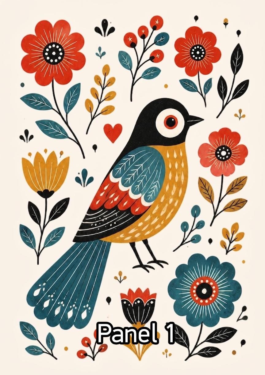 Scandinavian Folk Art Bird Prints, Whimsical Nursery Wall Art Set, Playful Hygge Pattern Poster, Nordic Floral Printable, Rosemaling Decor