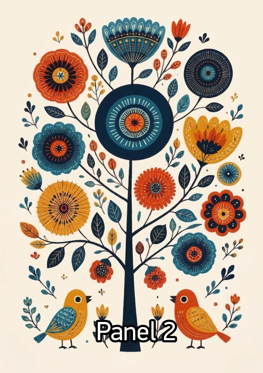 Scandinavian Folk Art Bird Prints, Whimsical Nursery Wall Art Set, Playful Hygge Pattern Poster, Nordic Floral Printable, Rosemaling Decor