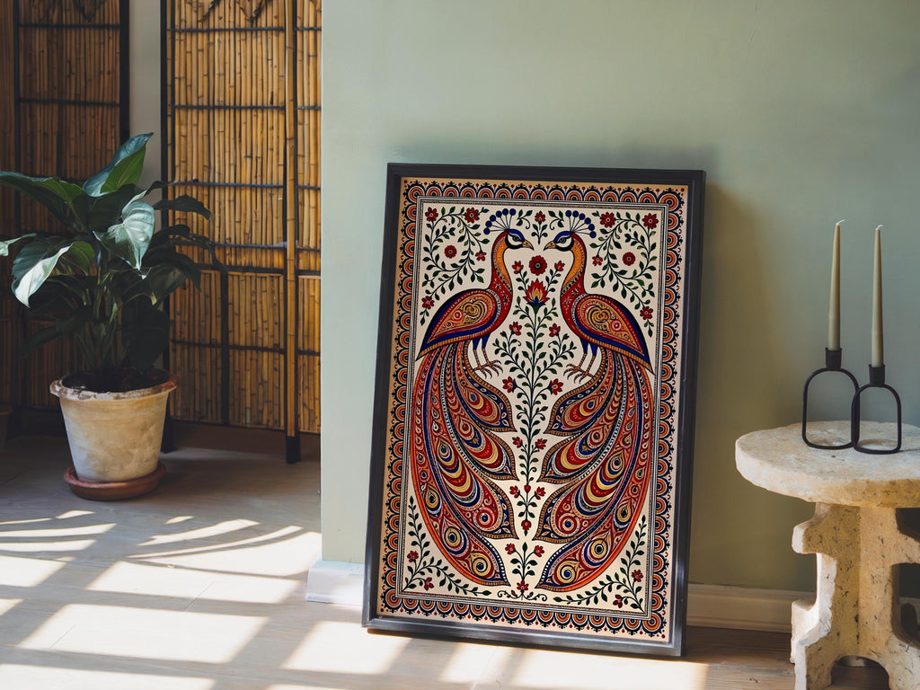 Madhubani Peacock Painting - Indian Folk Wall Art decor - Asian Bird Illustration (Physical print)