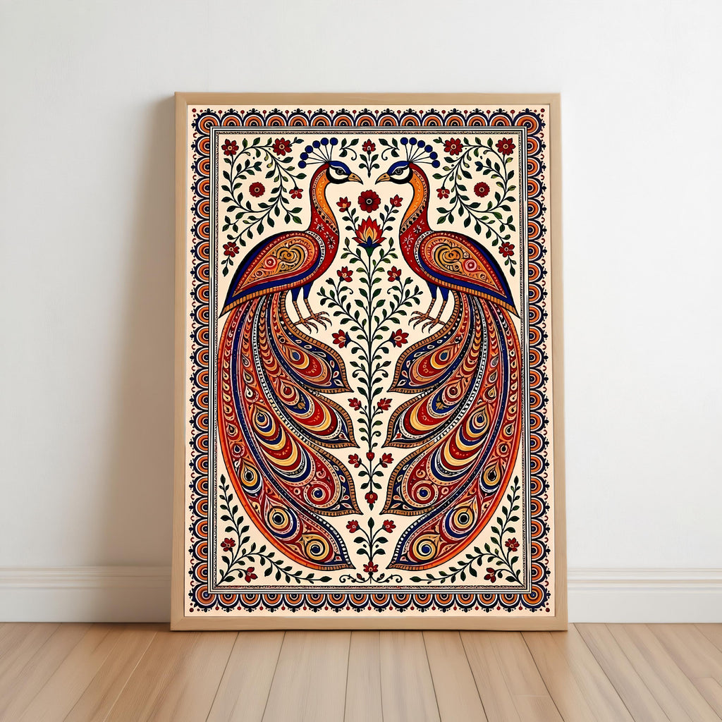 Madhubani Peacock Painting - Indian Folk Wall Art decor - Asian Bird Illustration (Physical print)