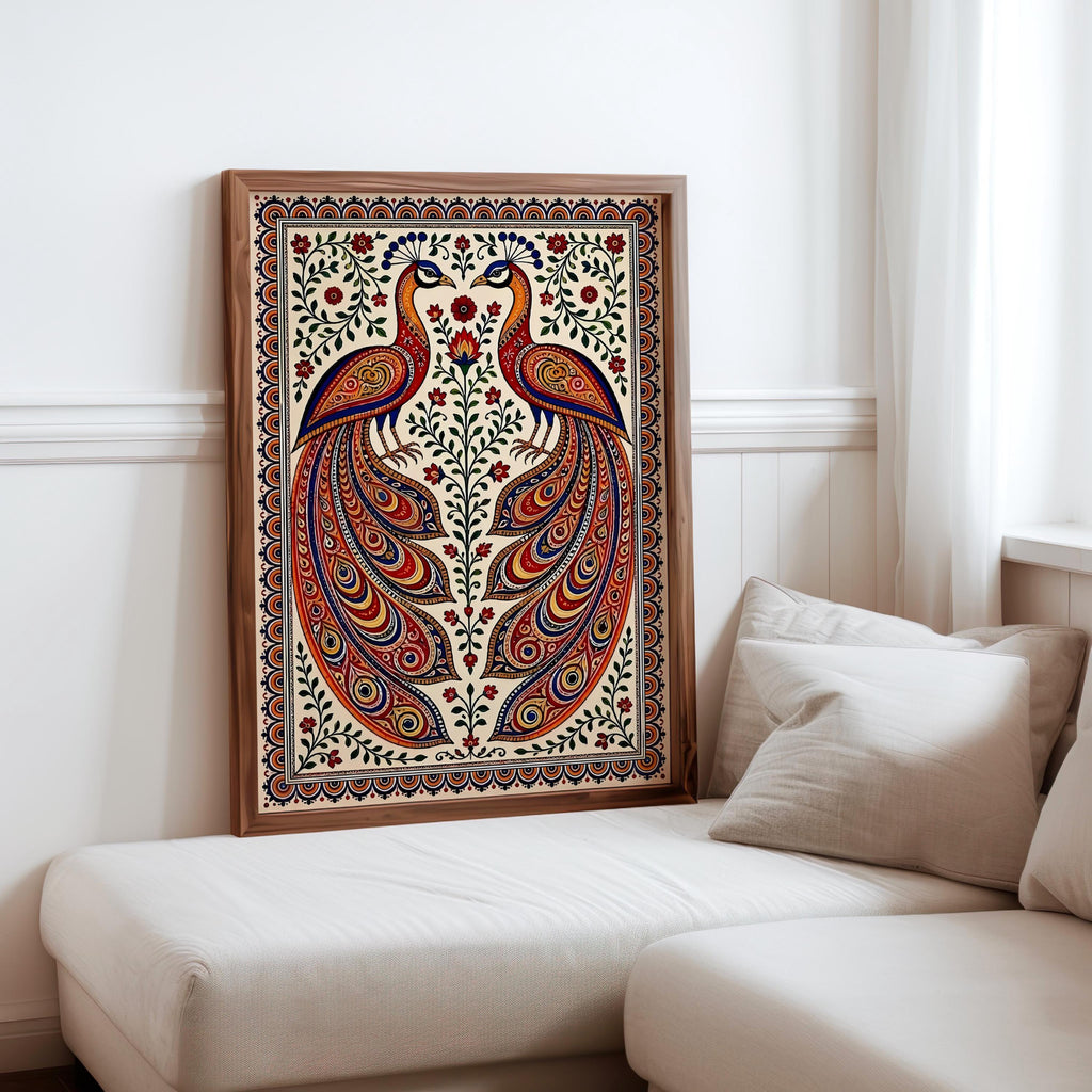 Madhubani Peacock Painting – Indian Folk Art Walldecor - Asian Mandala Bird Illustration (Digital Download)