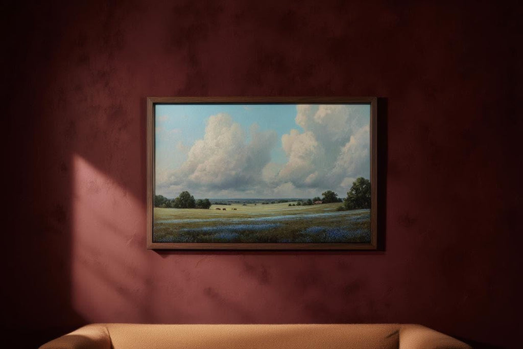 Bluebonnet Landscape Texas Wall Art, Hill Country Oil Painting, Wildflower Meadow Poster, Pastoral Countryside Print, Rustic Home Decor