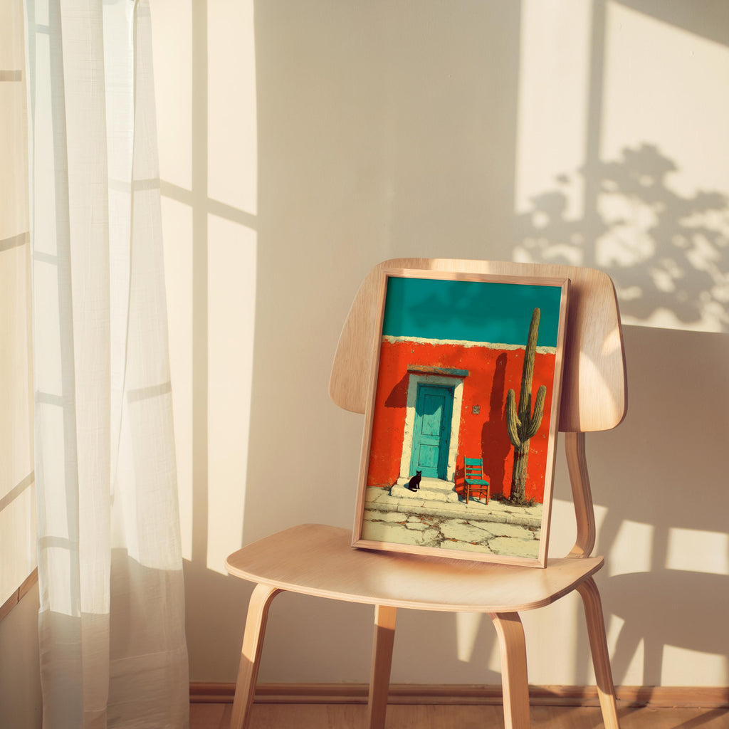 Sunlit chair staging the cactus wall art print, warm shadows, bold red facade and tiny black cat on a blue seat