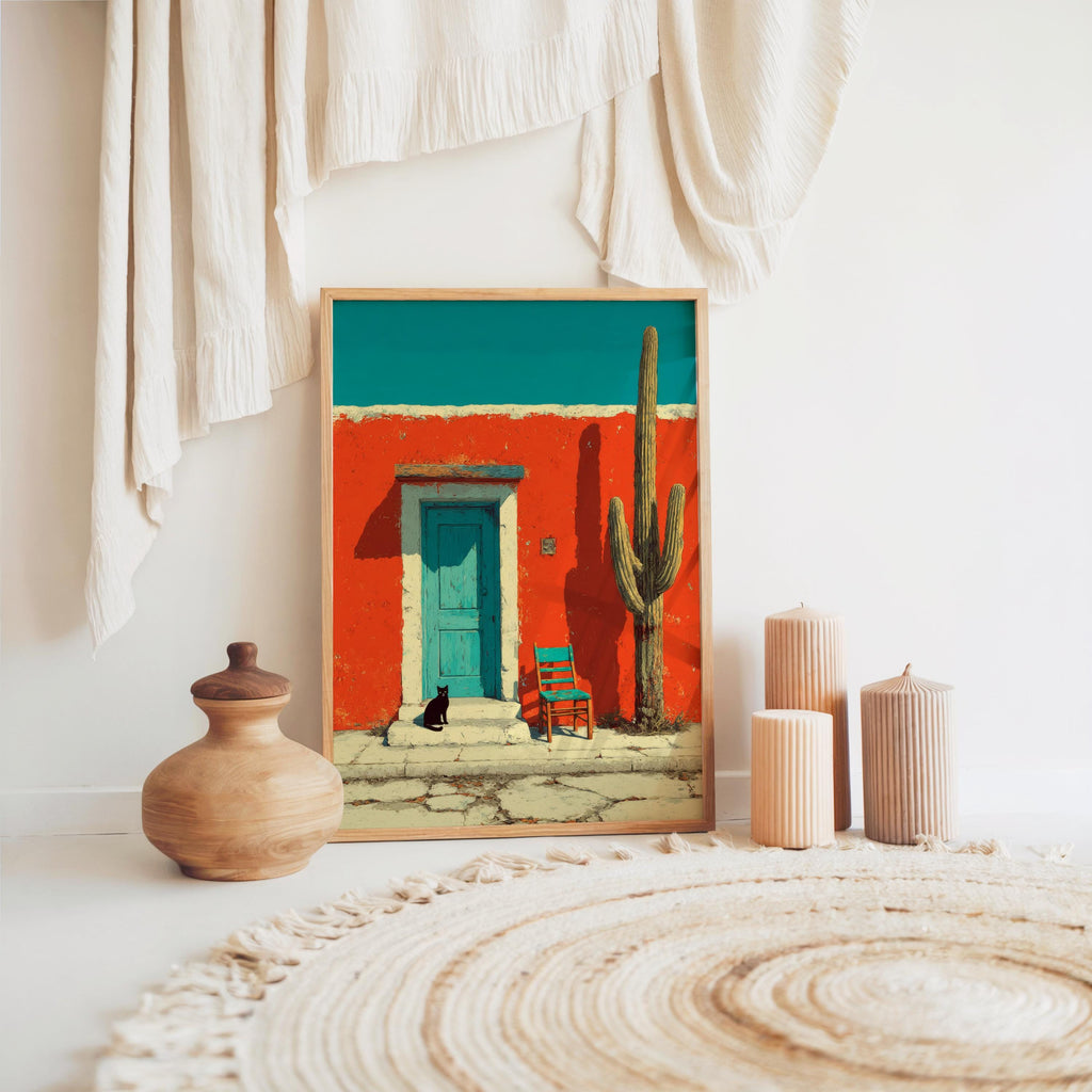 Boho vignette with southwestern desert wall art leaning on rug by pottery, mexican architecture art print styling