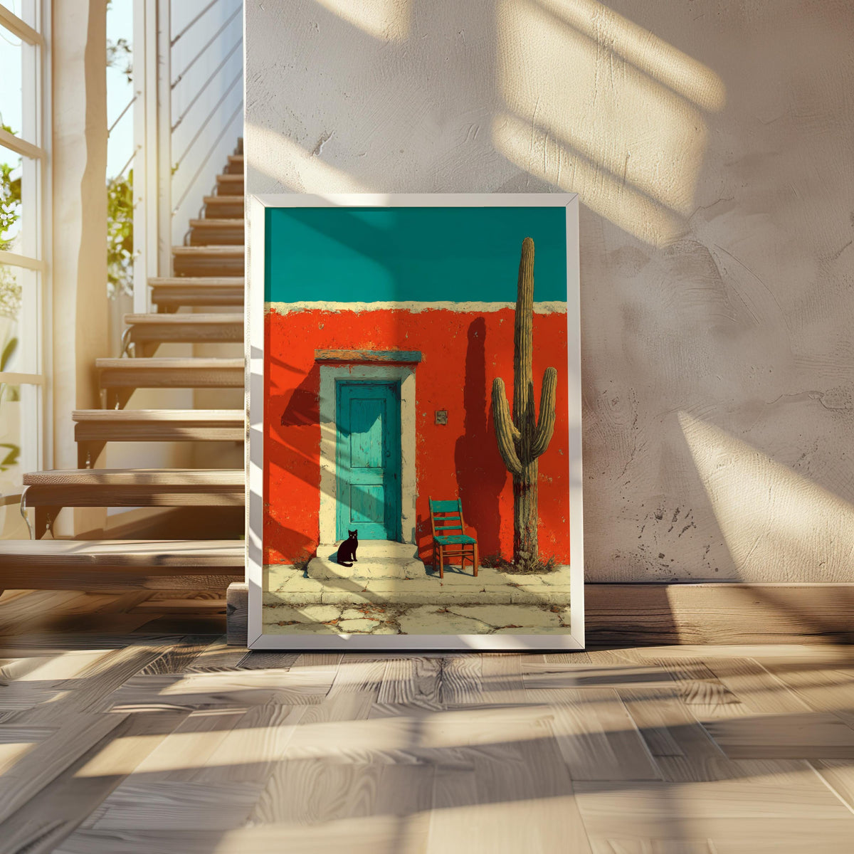 Print placed at the base of stairs, long sunlight shafts on sandy ground, black cat wall art print visible on chair