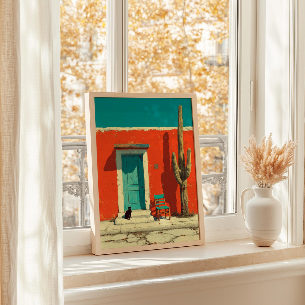Vibrant desert landscape print on a bright windowsill, turquoise door and tall saguaro catching warm daylight
