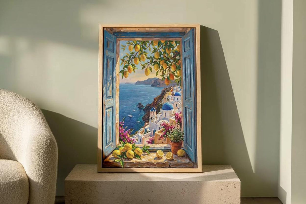 Coastal Window View Wall Art, Mediterranean Sea Print, Matisse Style Painting, Nautical Sailing Boat Decor Greek Island Summer Travel Poster