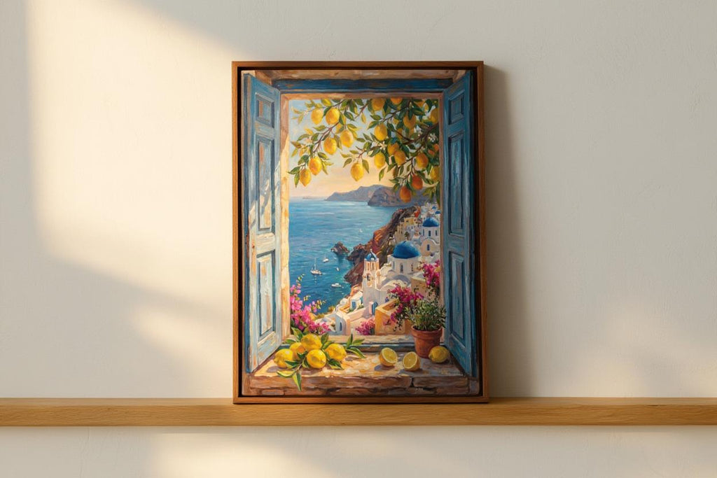 Coastal Window View Wall Art, Mediterranean Sea Print, Matisse Style Painting, Nautical Sailing Boat Decor Greek Island Summer Travel Poster