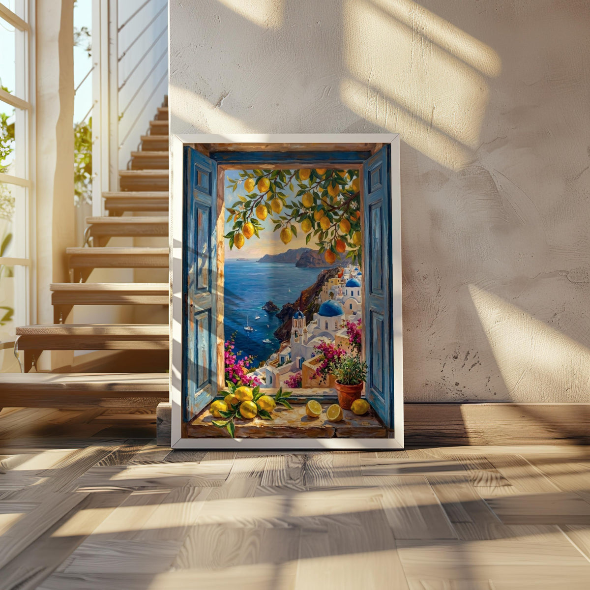 Coastal Window View Wall Art, Mediterranean Sea Print, Matisse Style Painting, Nautical Sailing Boat Decor Greek Island Summer Travel Poster