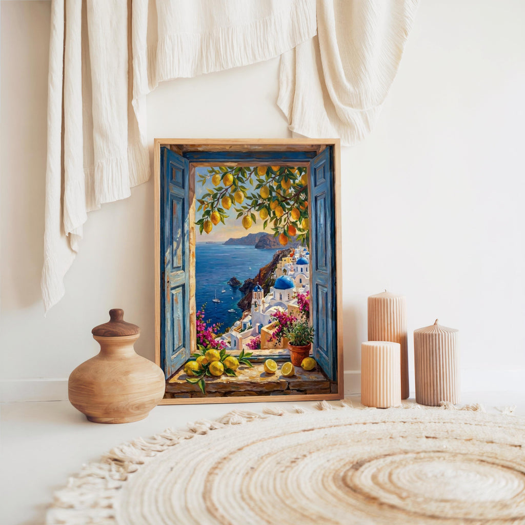 Coastal Window View Wall Art, Mediterranean Sea Print, Matisse Style Painting, Nautical Sailing Boat Decor Greek Island Summer Travel Poster