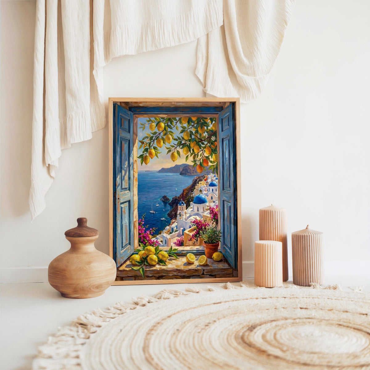Coastal Window View Wall Art, Mediterranean Sea Print, Matisse Style Painting, Nautical Sailing Boat Decor Greek Island Summer Travel Poster