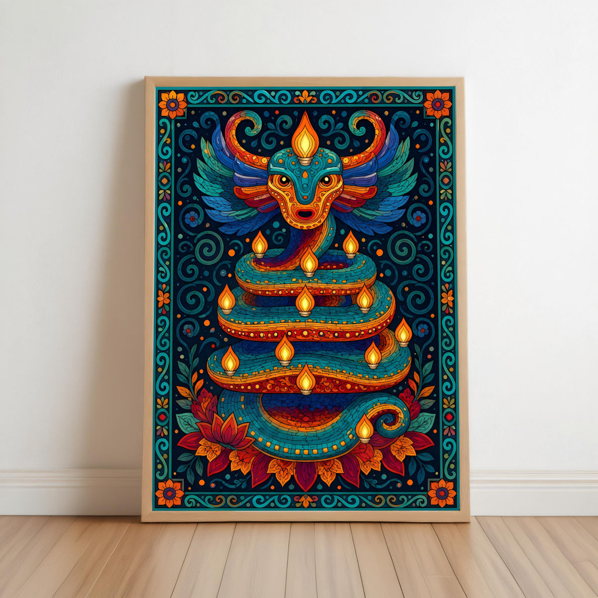 Colorful Quetzalcoatl Alebrije Folk Art Print - Oaxacan Feathered Serpent, Vibrant Mexican Aztec Mythology Wall Decor, Printed Boho Poster