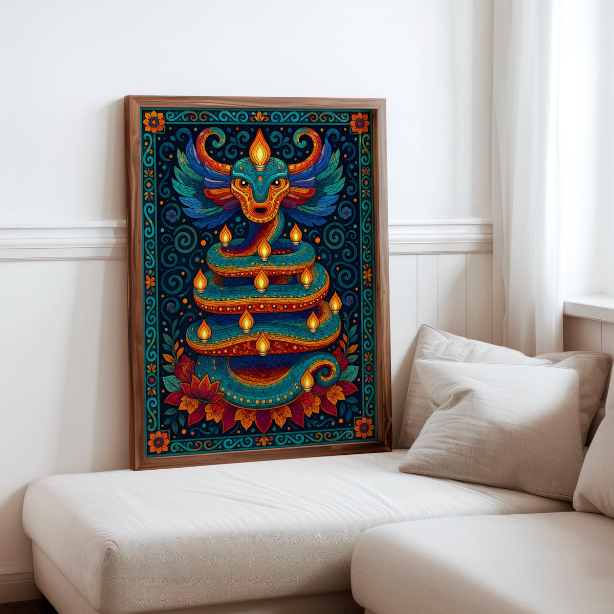 Colorful Quetzalcoatl Alebrije Folk Art Print - Oaxacan Feathered Serpent, Vibrant Mexican Aztec Mythology Wall Decor, Printed Boho Poster