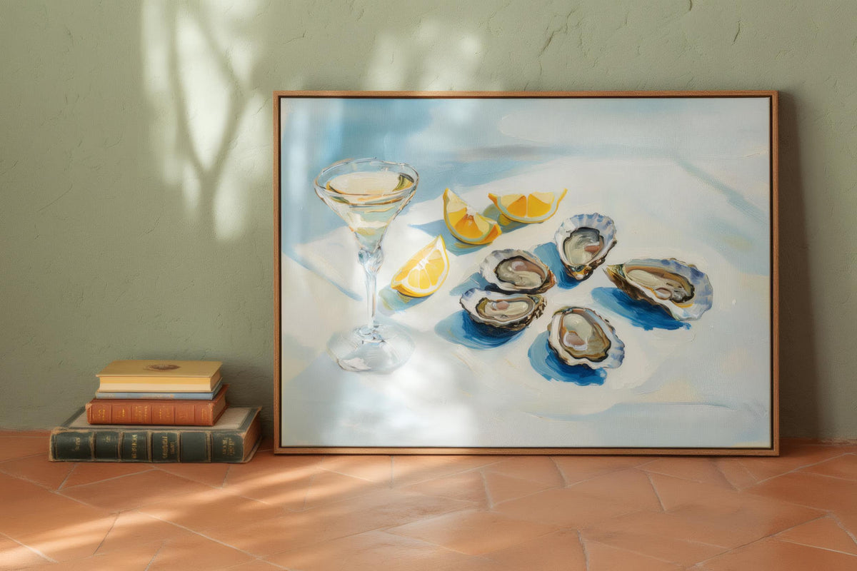 Oyster, lemons & martini glass still life on a blue table; Fauvism-style Mediterranean oil wall art.