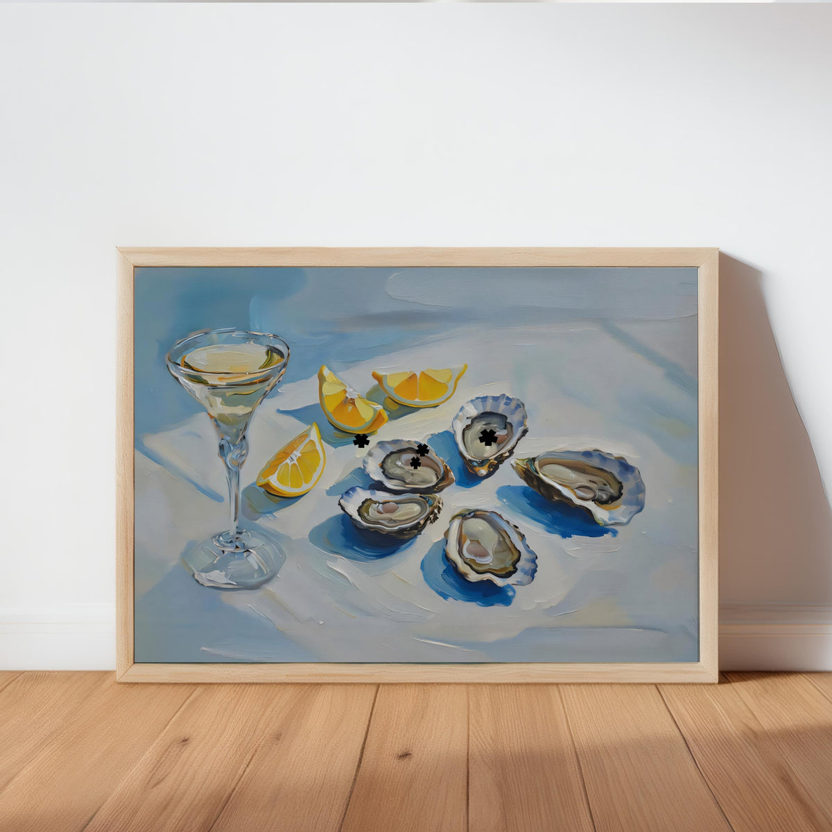 Oyster, lemons & martini glass still life on a blue table; Fauvism-style Mediterranean oil wall art.