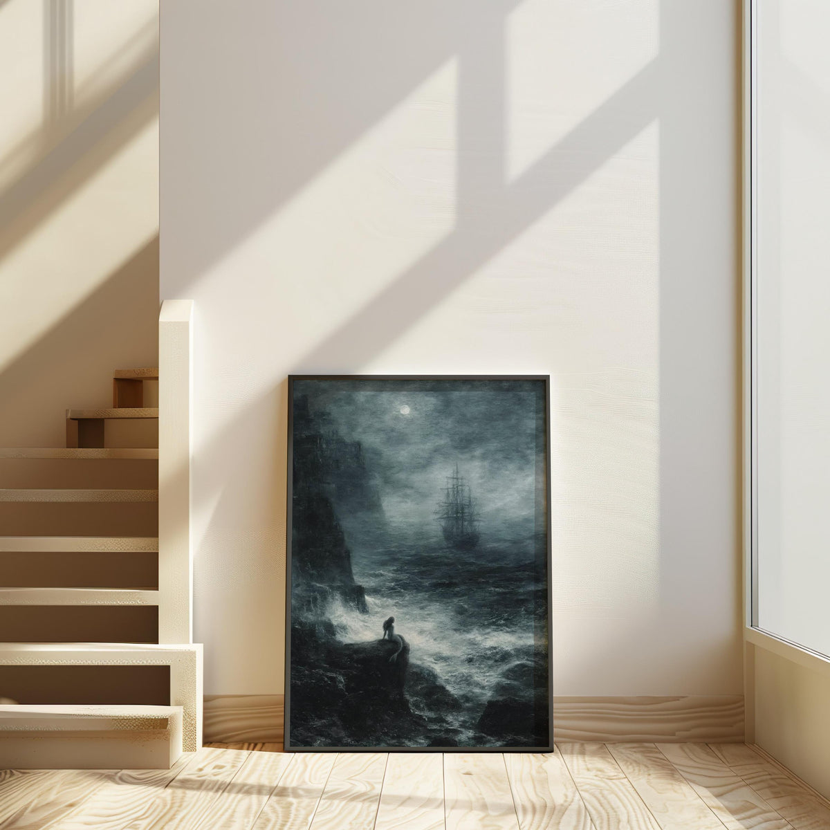Siren Painting, Dark Mermaid Fantasy Art, Pirate Ship Print, Goth Gift, Nautical Mythology Art, Moonlit Sea Wall Decor, Moody Artwork