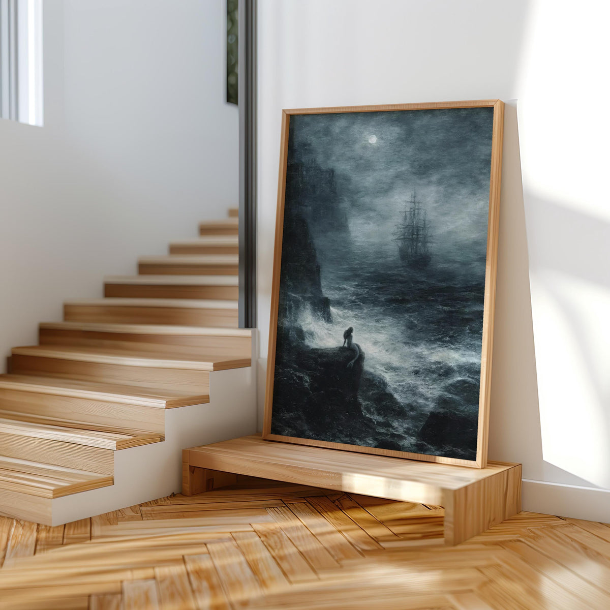 Siren Painting, Dark Mermaid Fantasy Art, Pirate Ship Print, Goth Gift, Nautical Mythology Art, Moonlit Sea Wall Decor, Moody Artwork