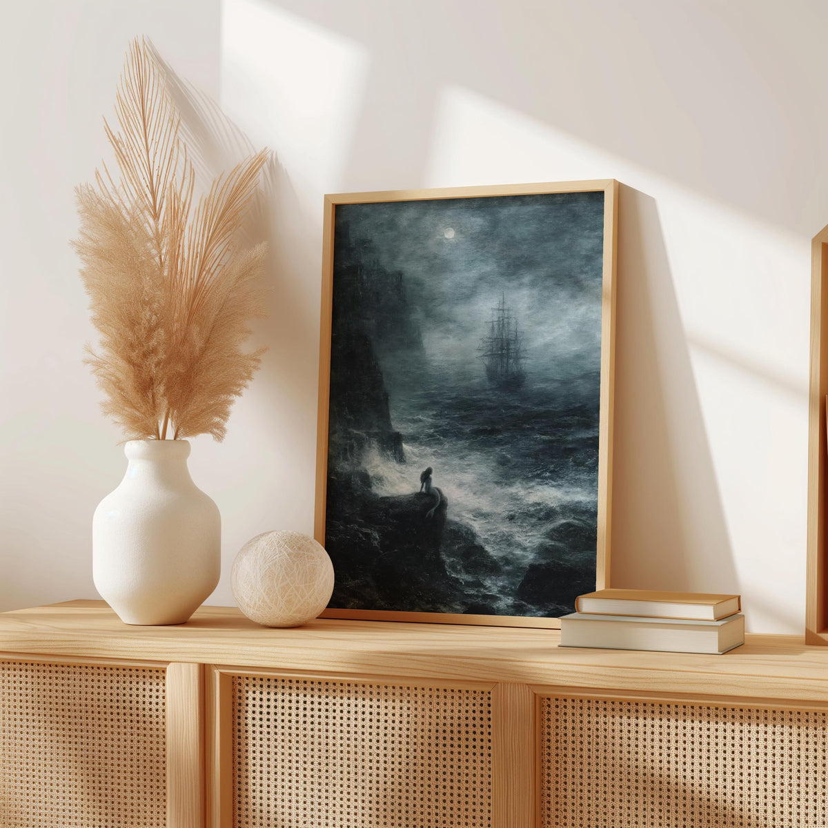 Siren Painting, Dark Mermaid Fantasy Art, Pirate Ship Print, Goth Gift, Nautical Mythology Art, Moonlit Sea Wall Decor, Moody Artwork