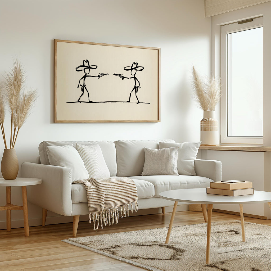 Cowboy Duel Wall Art, Minimalist Western Gunslinger Sketch, Modern Abstract Ranch Decor, Wild West Stick Figures, Southwest Country Print