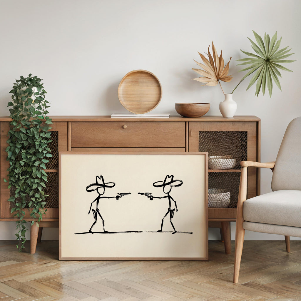Cowboy Duel Wall Art, Minimalist Western Gunslinger Sketch, Modern Abstract Ranch Decor, Wild West Stick Figures, Southwest Country Print
