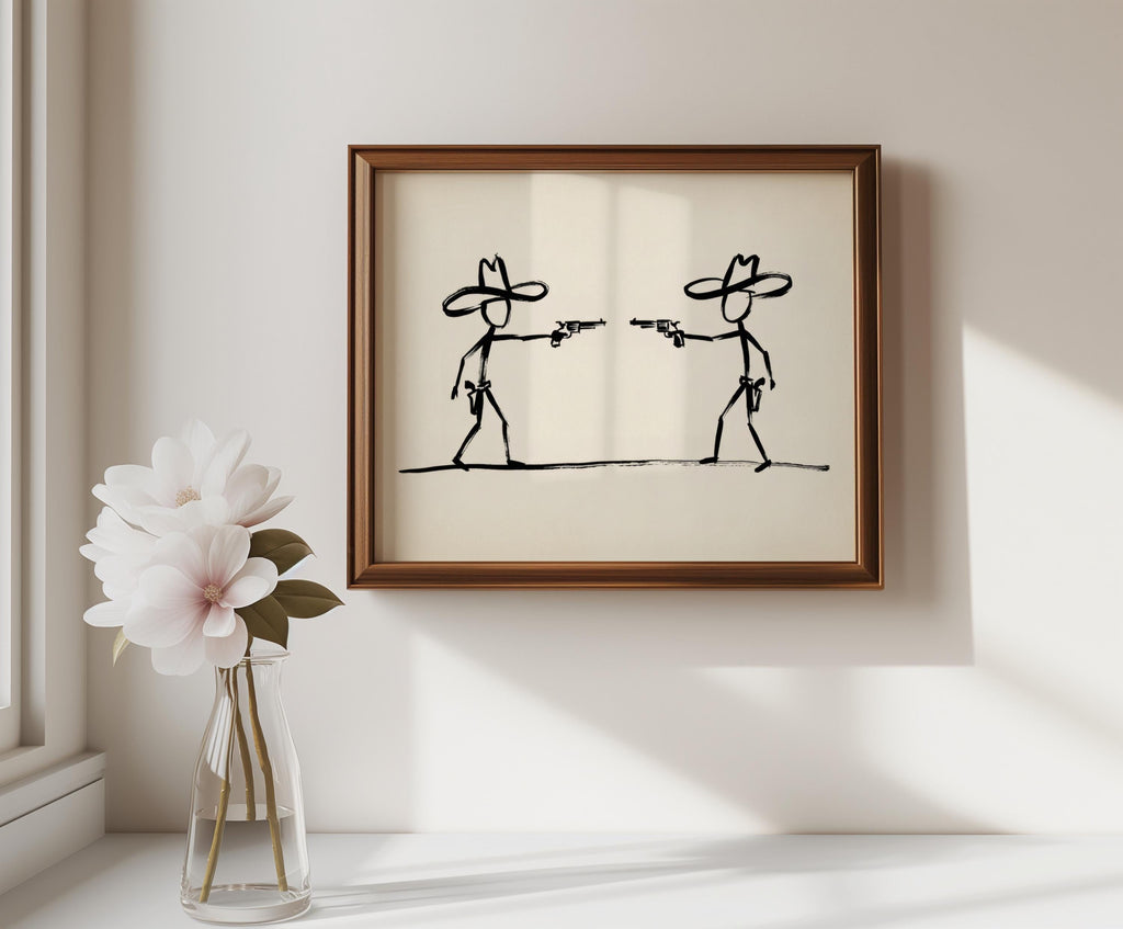 Cowboy Duel Wall Art, Minimalist Western Gunslinger Sketch, Modern Abstract Ranch Decor, Wild West Stick Figures, Southwest Country Print