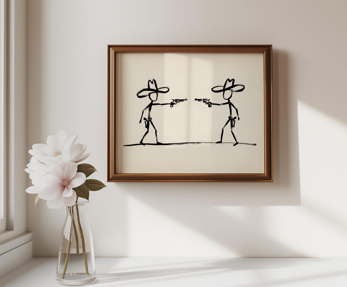Cowboy Duel Wall Art, Minimalist Western Gunslinger Sketch, Modern Abstract Ranch Decor, Wild West Stick Figures, Southwest Country Print