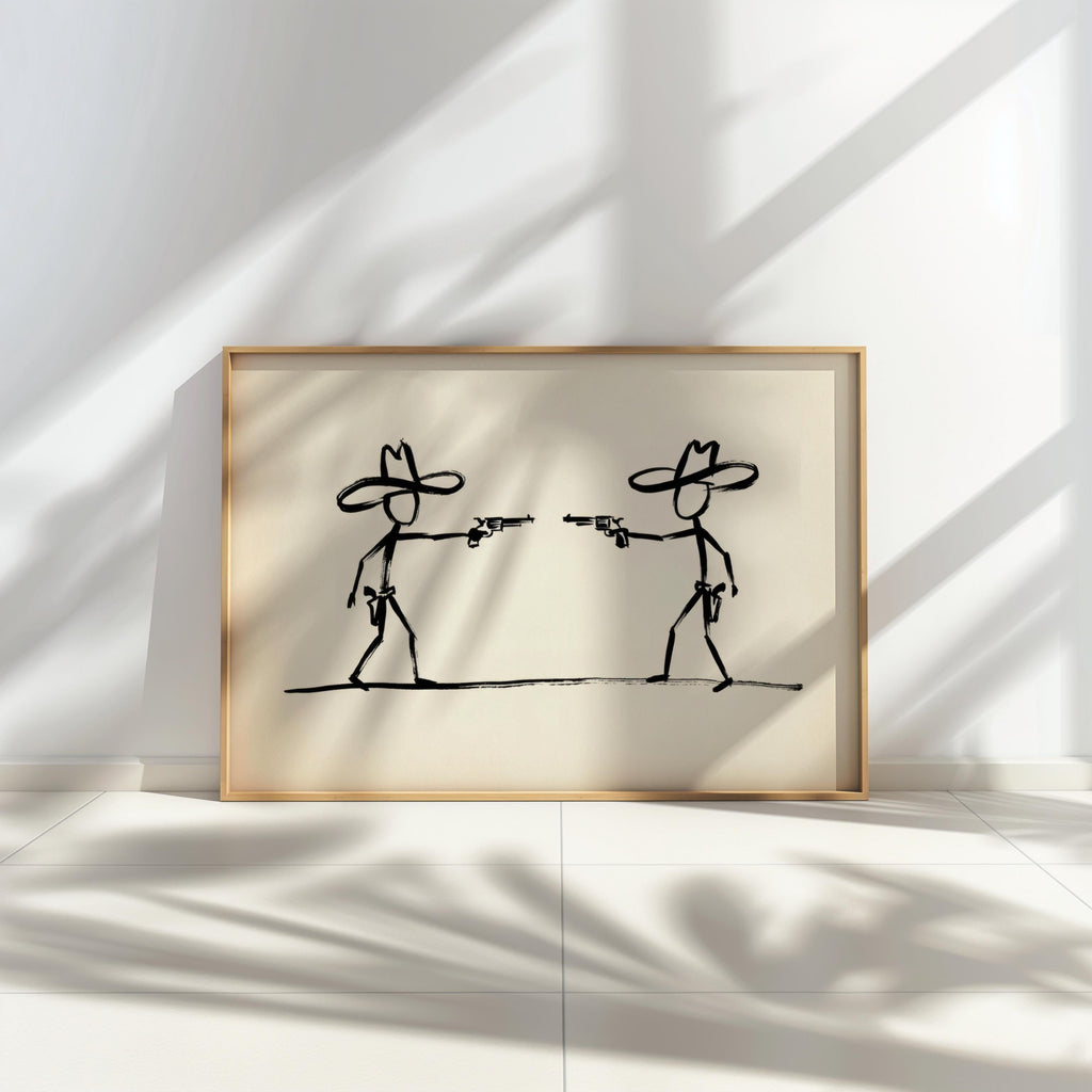 Cowboy Duel Wall Art, Minimalist Western Gunslinger Sketch, Modern Abstract Ranch Decor, Wild West Stick Figures, Southwest Country Print