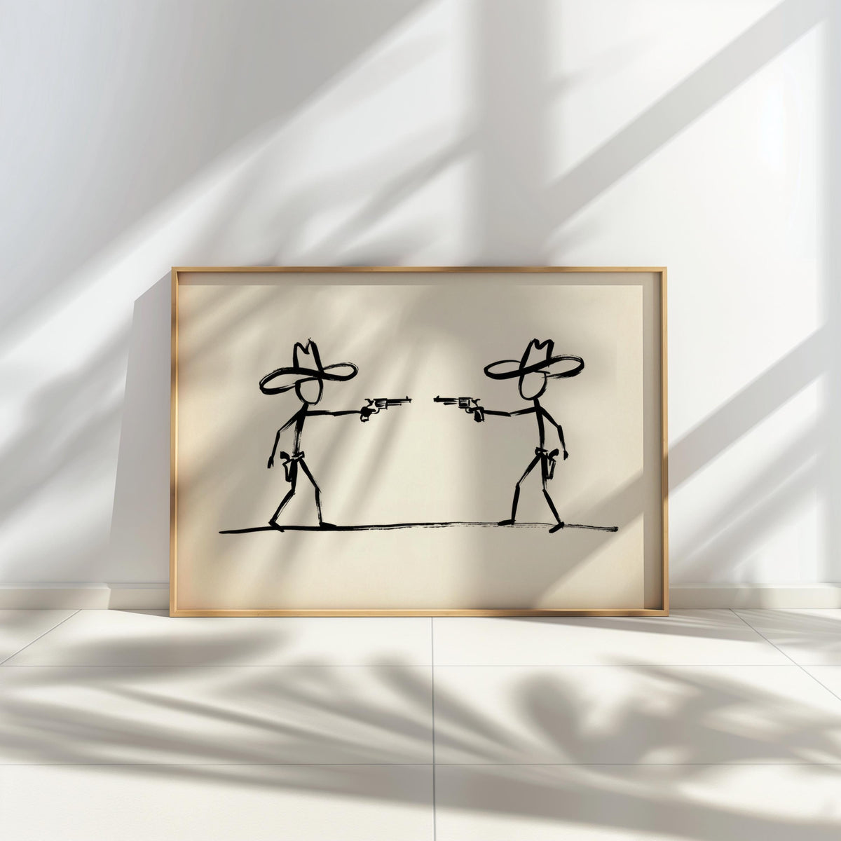 Cowboy Duel Wall Art, Minimalist Western Gunslinger Sketch, Modern Abstract Ranch Decor, Wild West Stick Figures, Southwest Country Print