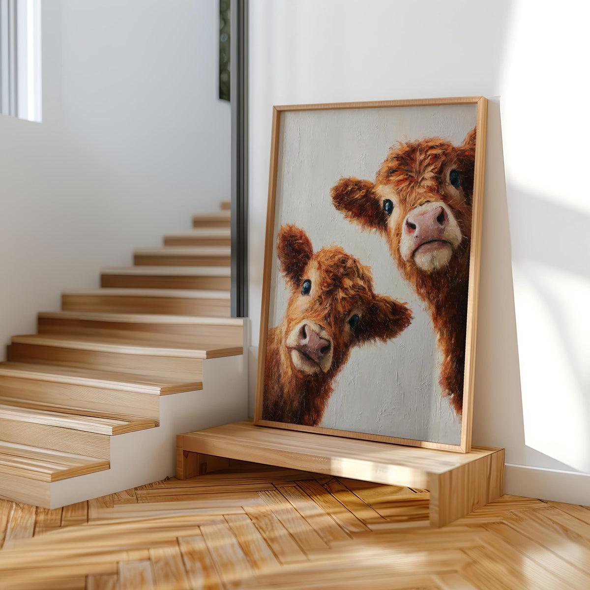 Highland Cows Wall Art, Whimsical Baby Farm Animal Painting, Peeking Cute Fluffy Calves Canvas, Rustic Nursery, Kids Room, Cottagecore Decor