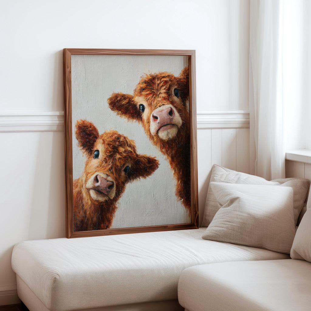 Highland Cows Wall Art, Whimsical Baby Farm Animal Painting, Peeking Cute Fluffy Calves Canvas, Rustic Nursery, Kids Room, Cottagecore Decor