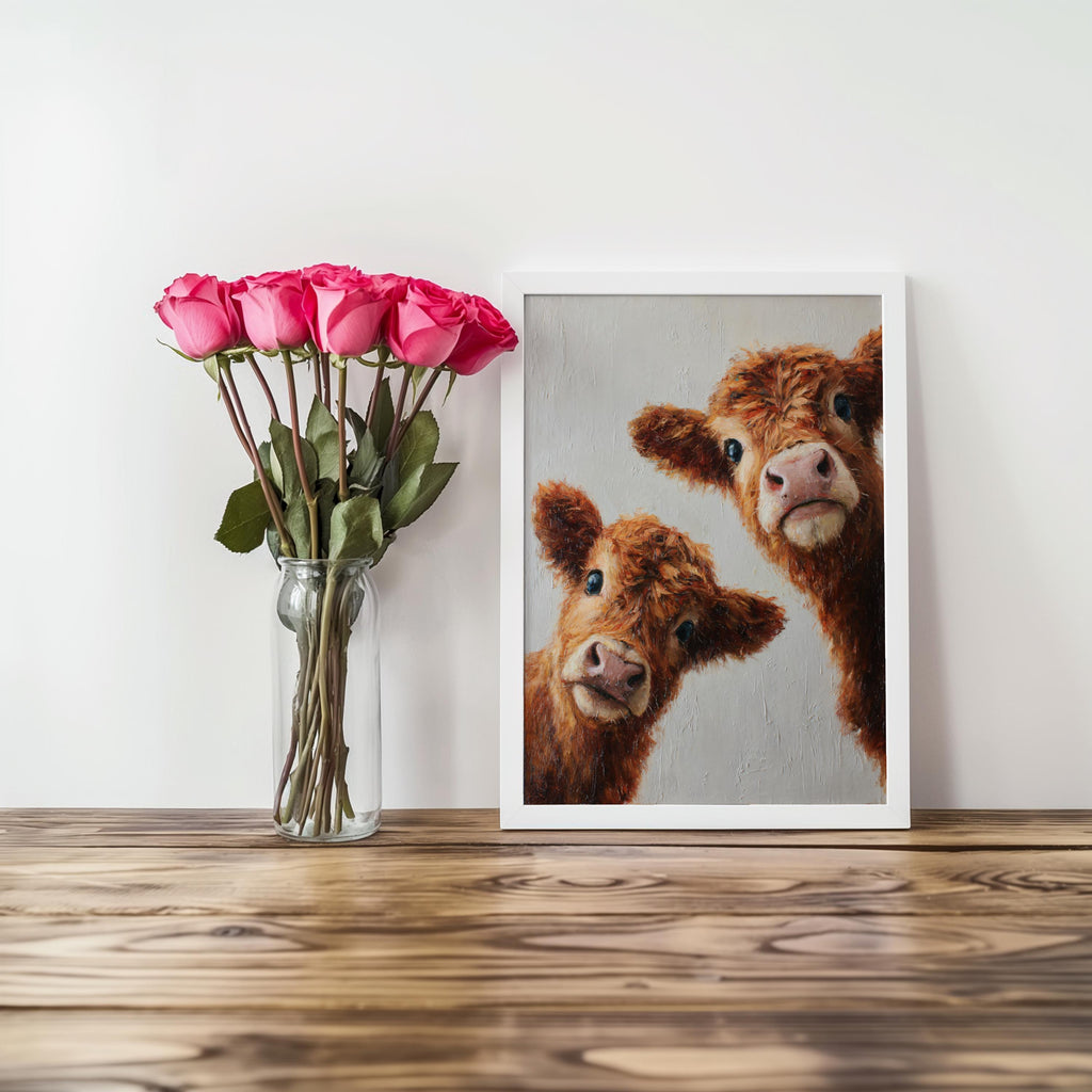 Highland Cows Wall Art, Whimsical Baby Farm Animal Painting, Peeking Cute Fluffy Calves Canvas, Rustic Nursery, Kids Room, Cottagecore Decor