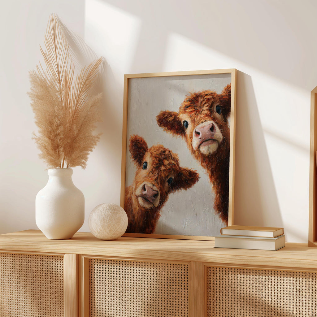 Highland Cows Wall Art, Whimsical Baby Farm Animal Painting, Peeking Cute Fluffy Calves Canvas, Rustic Nursery, Kids Room, Cottagecore Decor