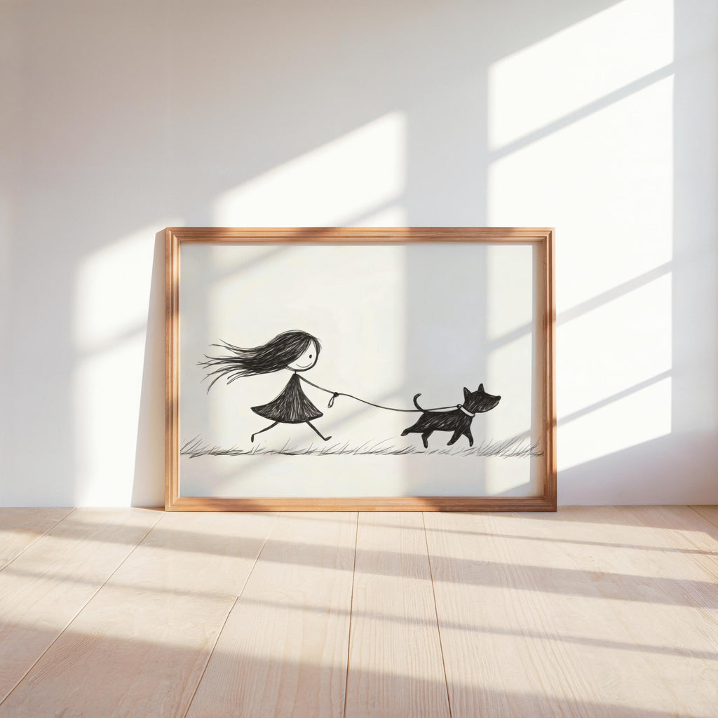 Girl Walking Dog Line Art, Modern Minimalist Drawing Print, Cute Pet Poster, Animal Lover Wall Art, Black and White Sketch, Children's Decor